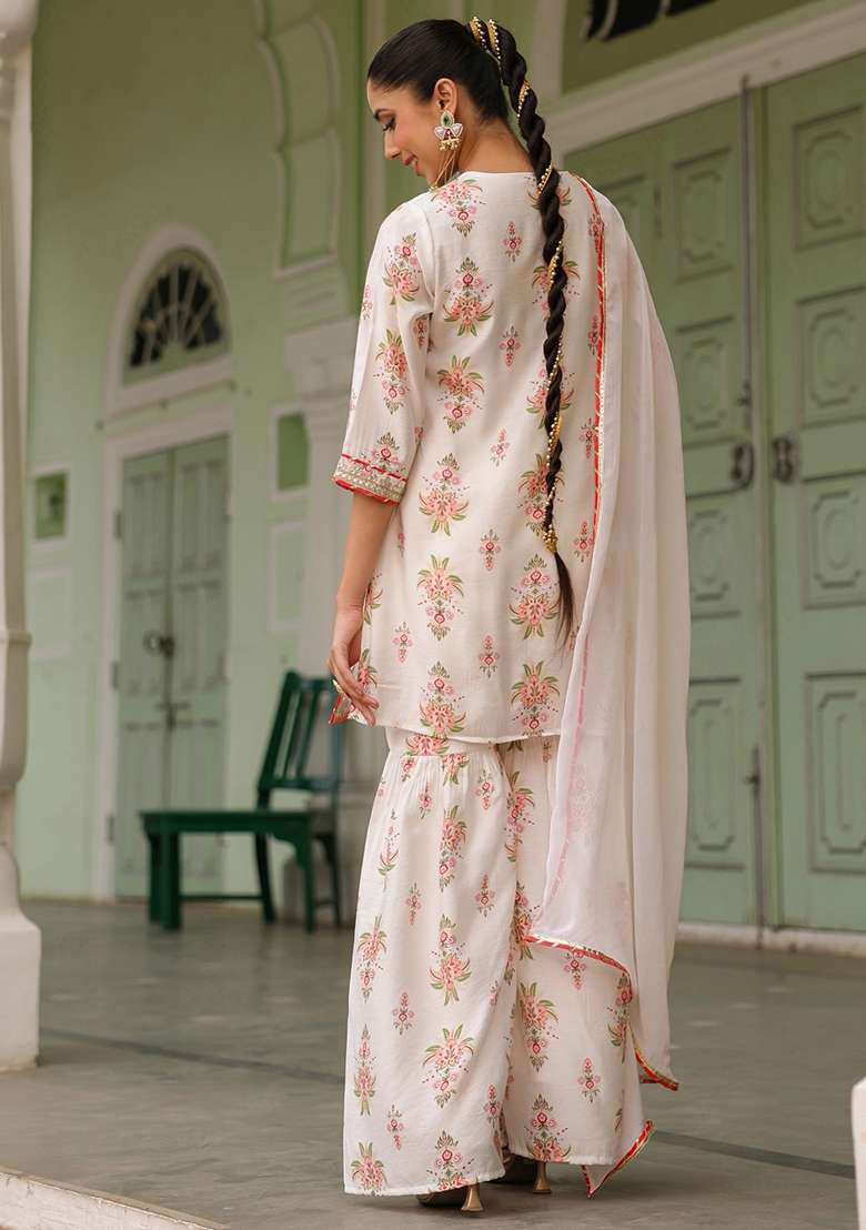 Ivory Embroidered Chanderi Sharara Set - Indya