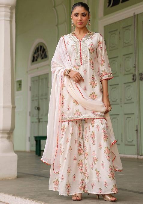 Ivory Floral Printed Chanderi Silk Sharara Set With Dupatta