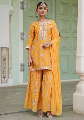 Mustard Floral Printed Chanderi Silk Sharara Set With Dupatta
