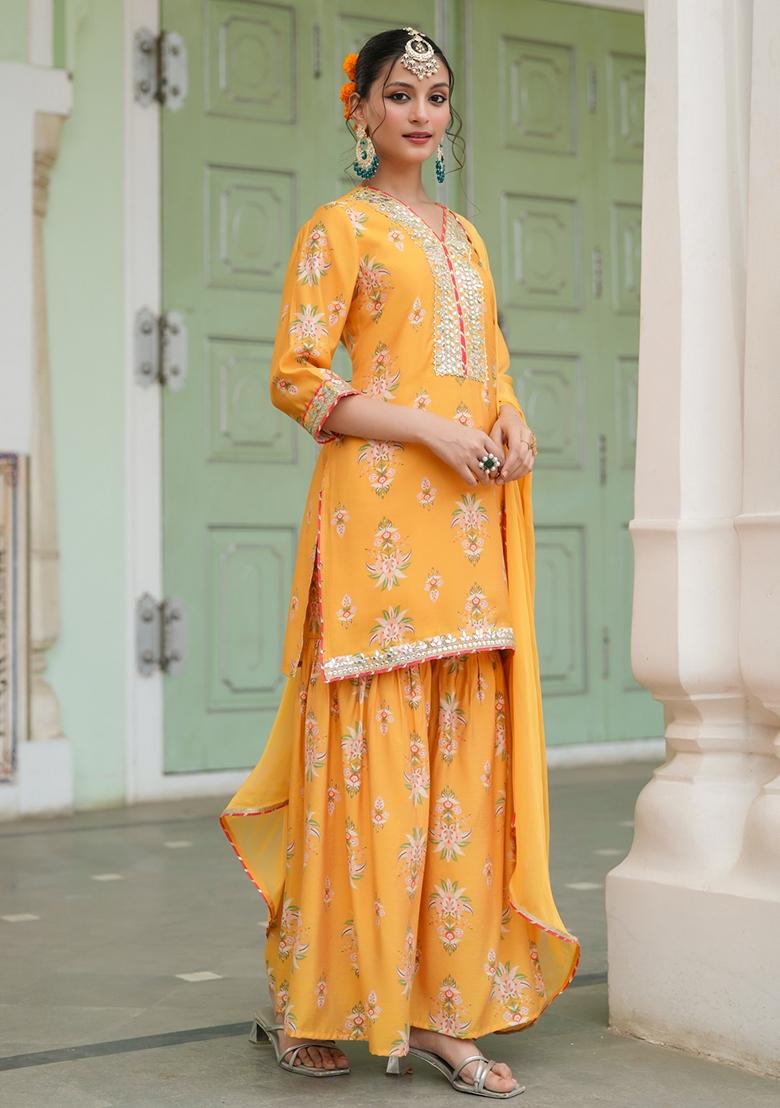 Mustard Floral Printed Chanderi Silk Sharara Set With Dupatta - Indya