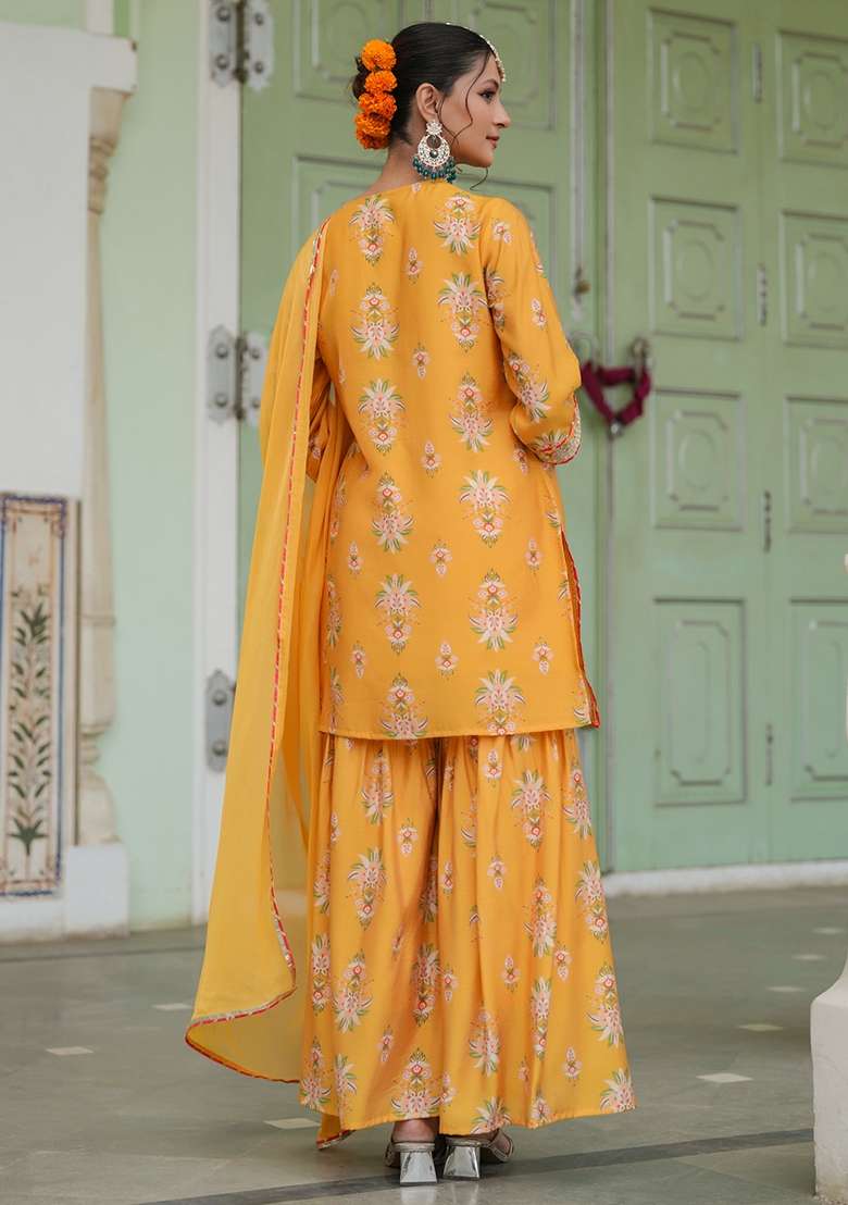 Mustard Embroidered Chanderi Sharara Set - Indya