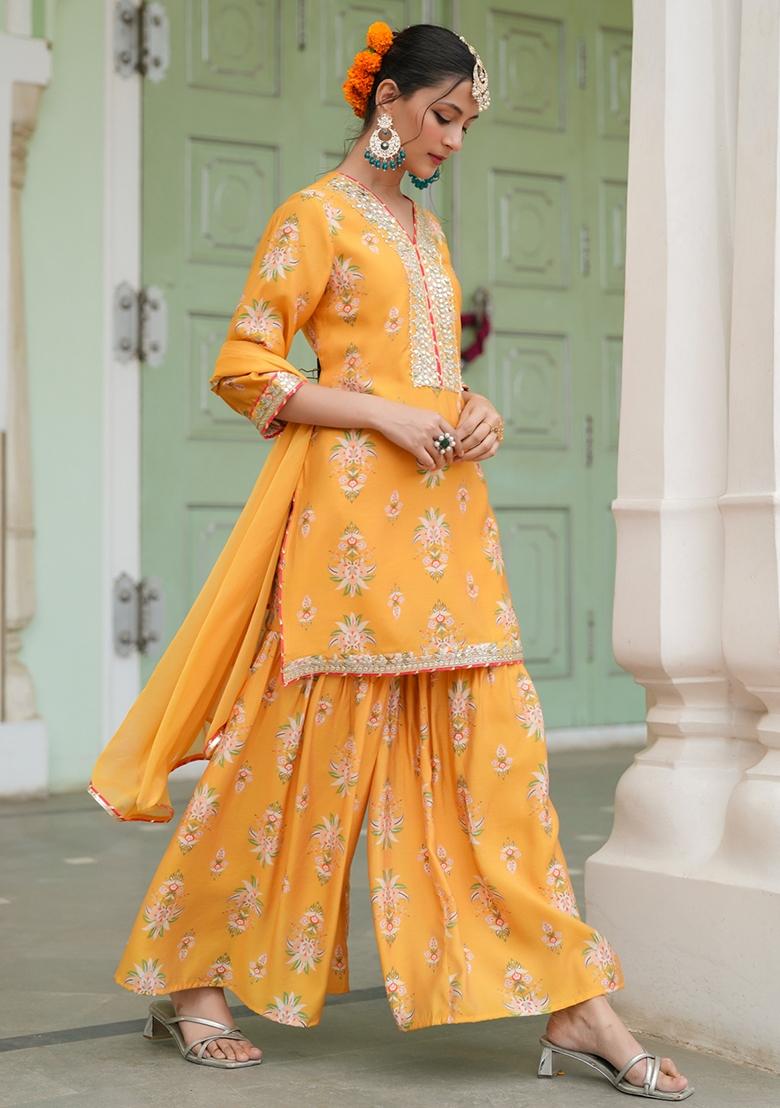 Mustard Floral Printed Chanderi Silk Sharara Set With Dupatta - Indya