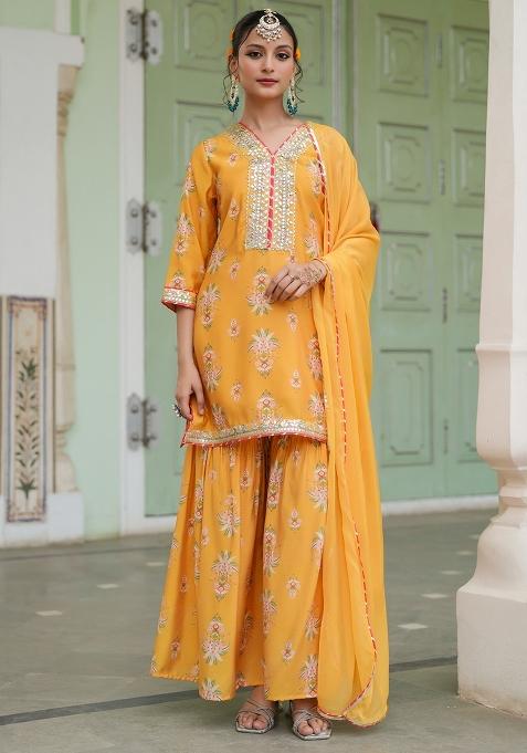 Mustard Floral Printed Chanderi Silk Sharara Set With Dupatta
