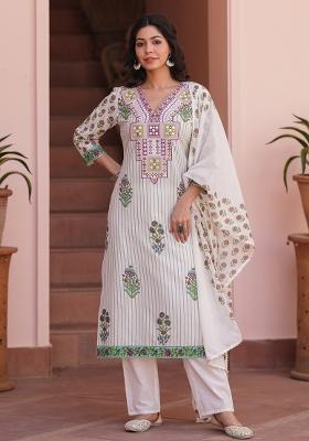 Aqua Embroidered Cotton Cambric Straight Kurta Set