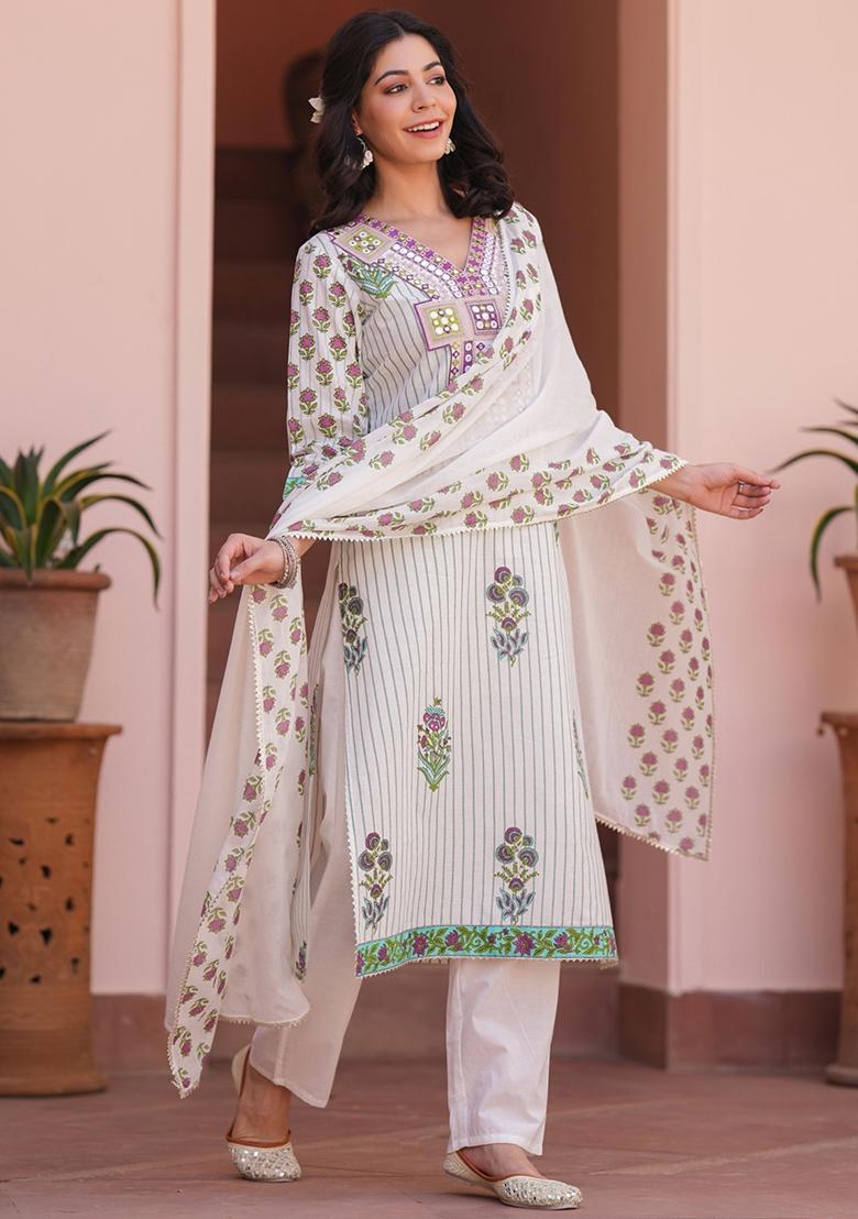 Aqua Embroidered Cotton Cambric Straight Kurta Set - Indya