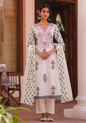 Blue Embroidered Cotton Cambric Straight Kurta Set