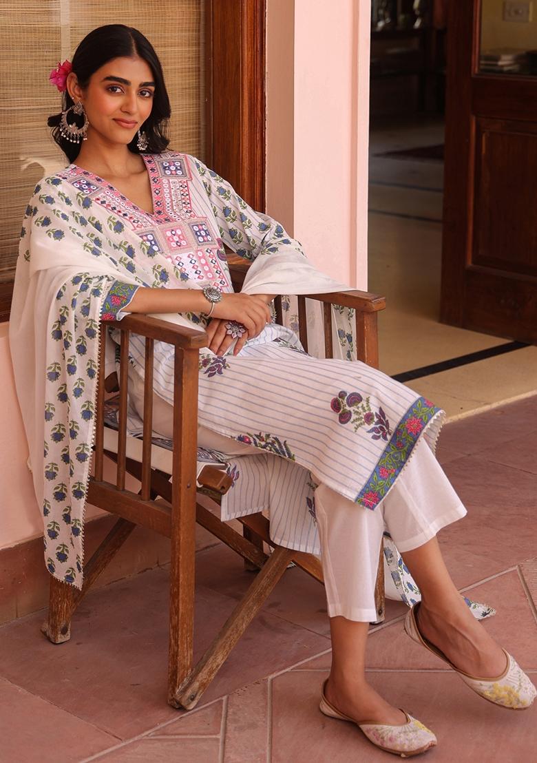 Blue Embroidered Cotton Cambric Straight Kurta Set - Indya