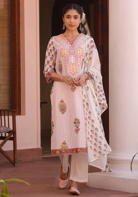 Pink Embroidered Cotton Cambric Straight Kurta Set