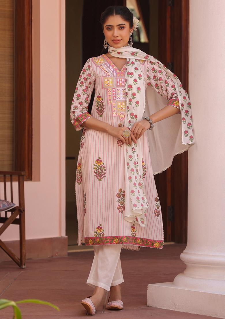 Pink Embroidered Cotton Cambric Straight Kurta Set - Indya