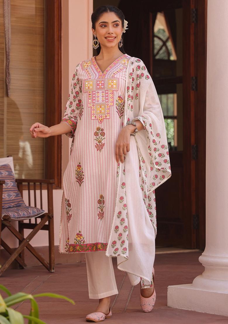 Pink Embroidered Cotton Cambric Straight Kurta Set - Indya