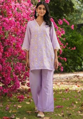 Lavender Embroidered Cotton Mulmul Co Ord Set
