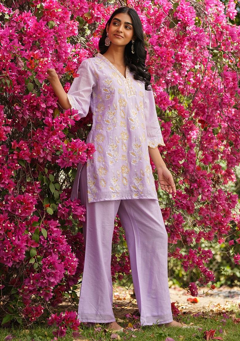 Lavender Embroidered Cotton Mulmul Co Ord Set - Indya