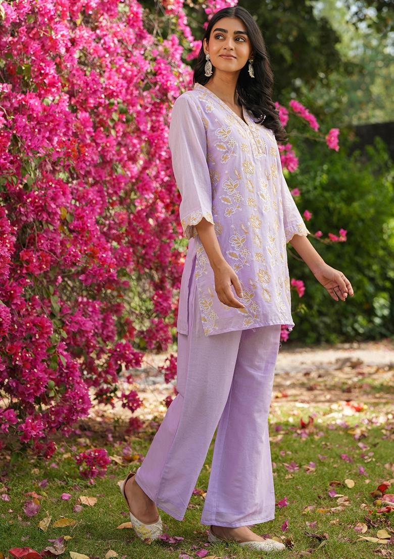Lavender Embroidered Cotton Mulmul Co Ord Set - Indya