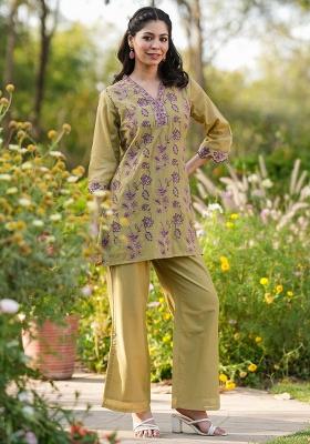 Olive Embroidered Cotton Mulmul Co Ord Set
