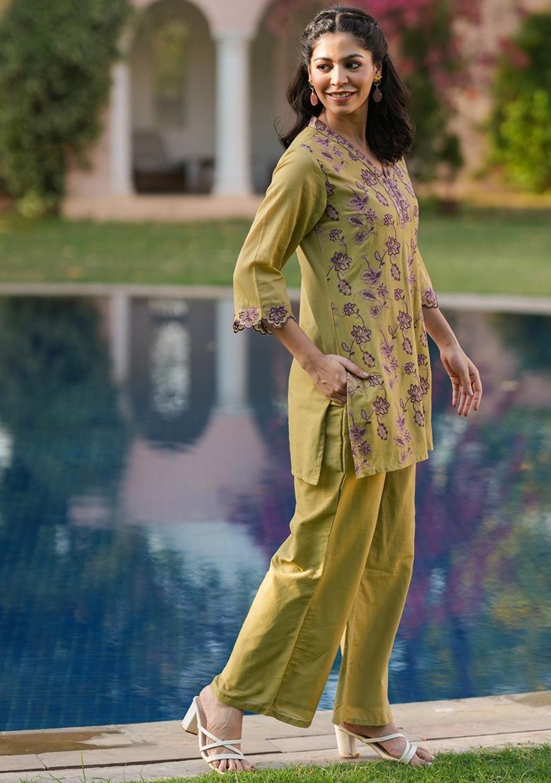 Olive Embroidered Cotton Mulmul Co Ord Set - Indya