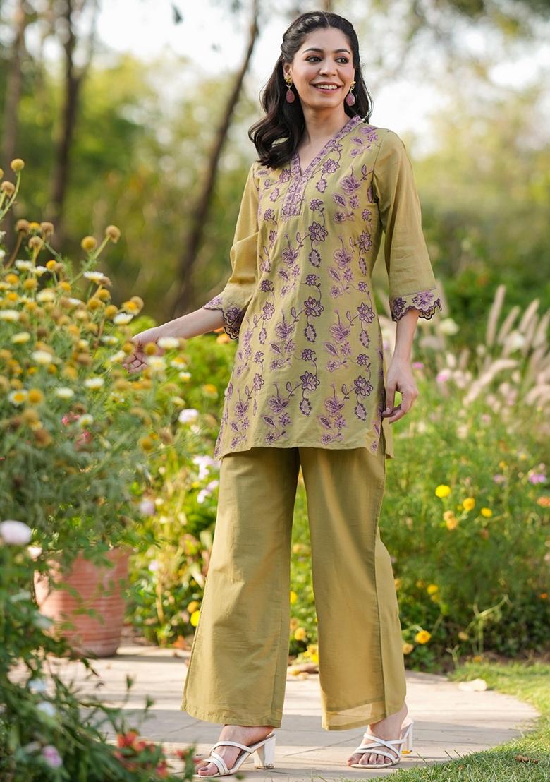 Olive Embroidered Cotton Mulmul Co Ord Set - Indya