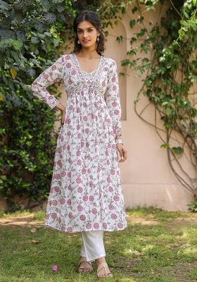 Fuchsia Block Printed Cotton Mulmul Fusion Set