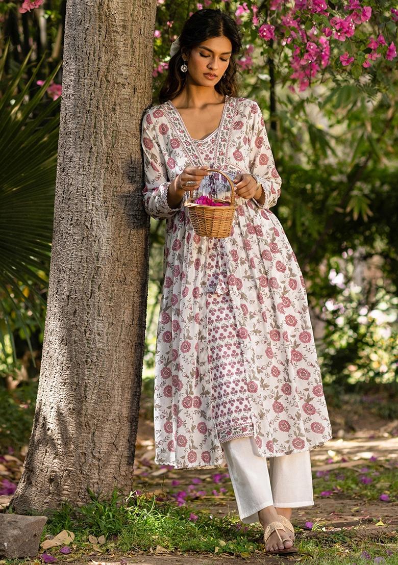 Fuchsia Block Printed Cotton Mulmul Fusion Set - Indya