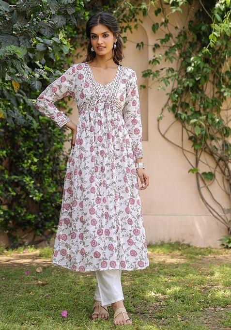 Fuchsia Block Printed Cotton Mulmul Fusion Set