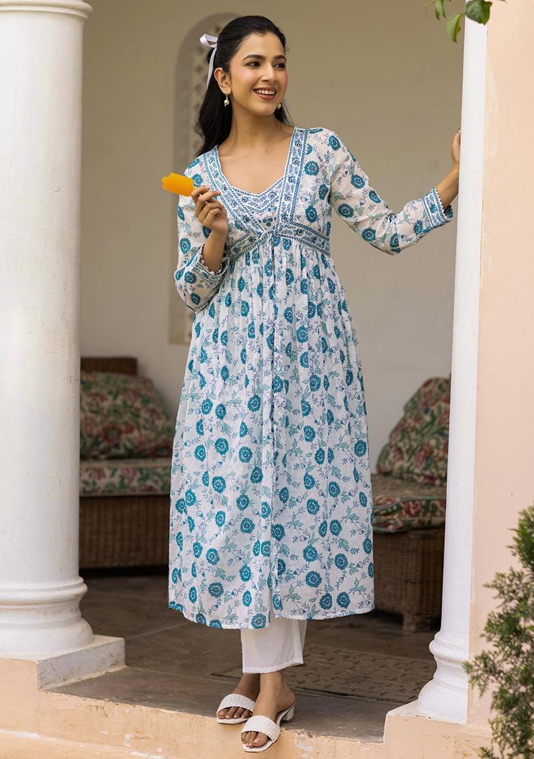 Teal Block Printed Cotton Mulmul Fusion Set - Indya
