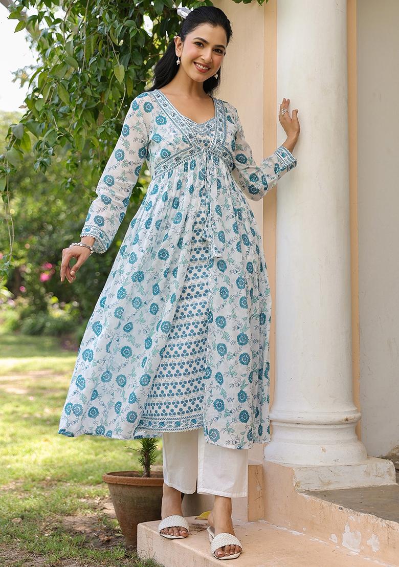 Teal Block Printed Cotton Mulmul Fusion Set - Indya