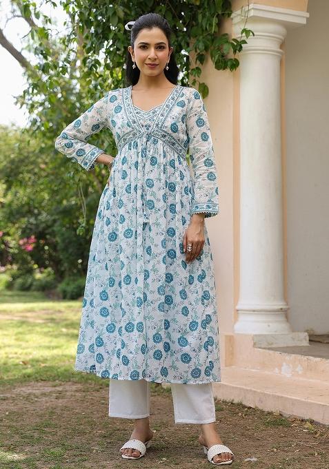Teal Block Printed Cotton Mulmul Fusion Set