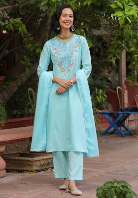 Aqua Embroidered Cotton Cambric Straight Kurta Set