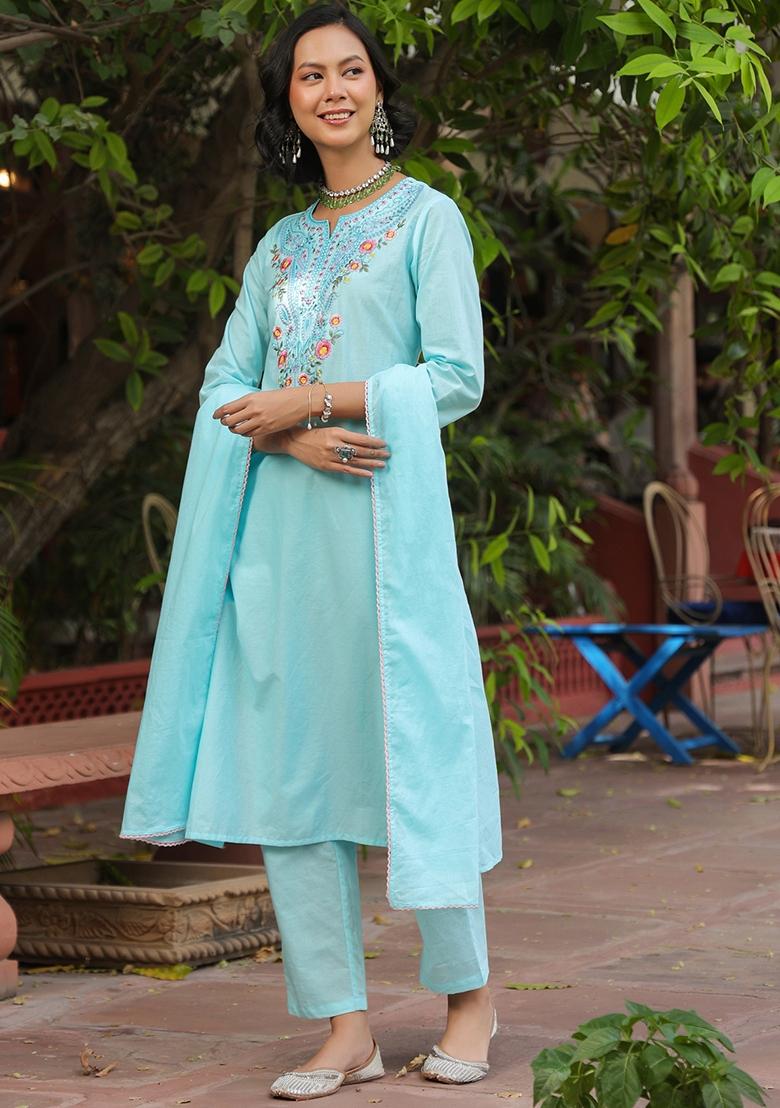 Aqua Embroidered Cotton Cambric Straight Kurta Set - Indya
