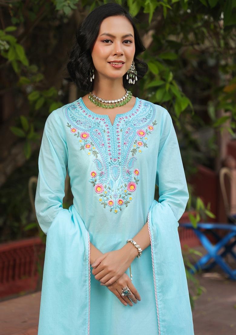 Aqua Embroidered Cotton Cambric Straight Kurta Set - Indya