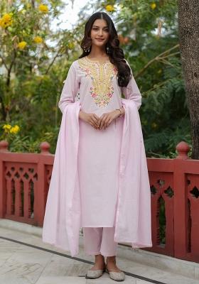Pink Embroidered Cotton Cambric Straight Kurta Set