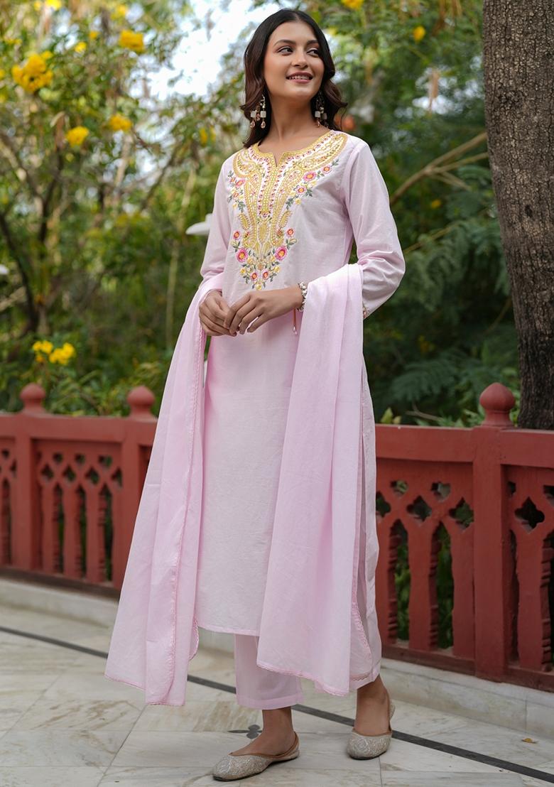 Pink Embroidered Cotton Cambric Straight Kurta Set - Indya