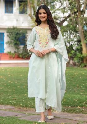 Pista Green Embroidered Cotton Cambric Straight Kurta Set