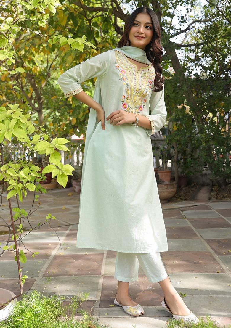 Pista Green Embroidered Cotton Cambric Straight Kurta Set - Indya