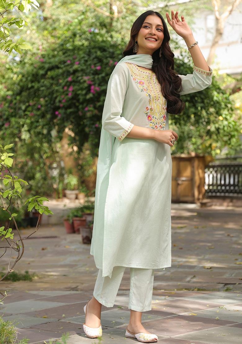 Pista Green Embroidered Cotton Cambric Straight Kurta Set - Indya