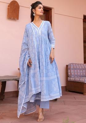 Blue Khari Printed Cotton Mulmul Anarkali Set With Dupatta