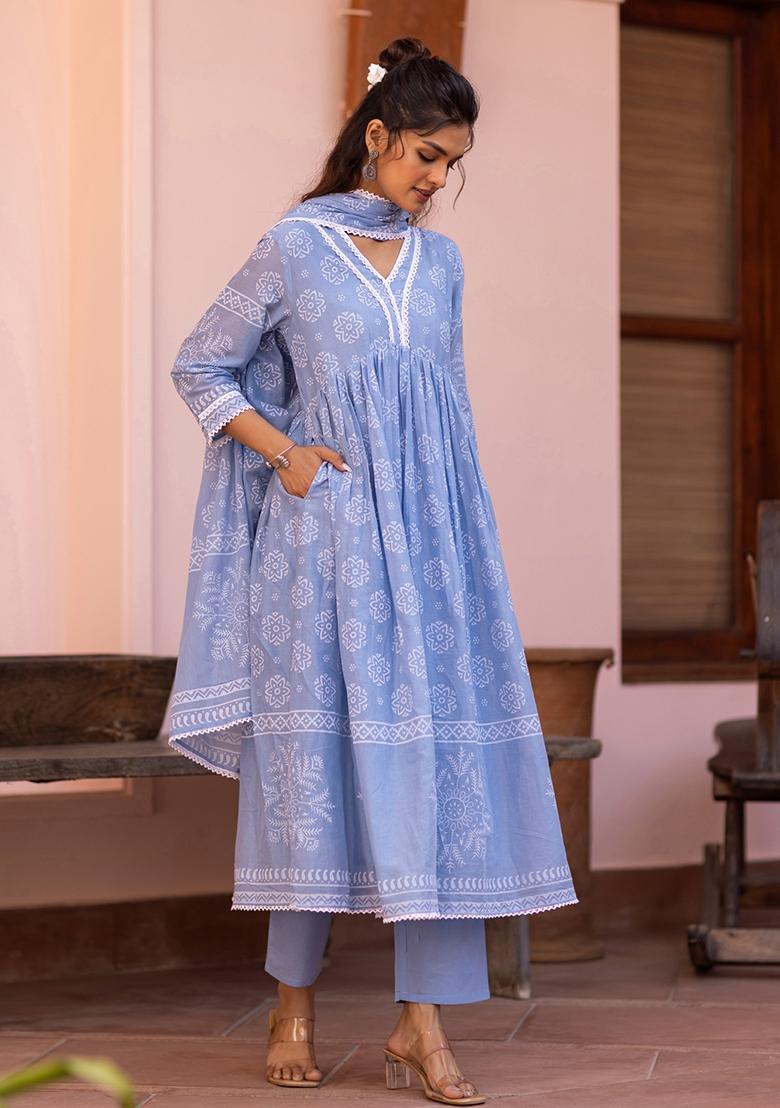 Blue Khari Printed Cotton Mulmul Anarkali Set With Dupatta - Indya