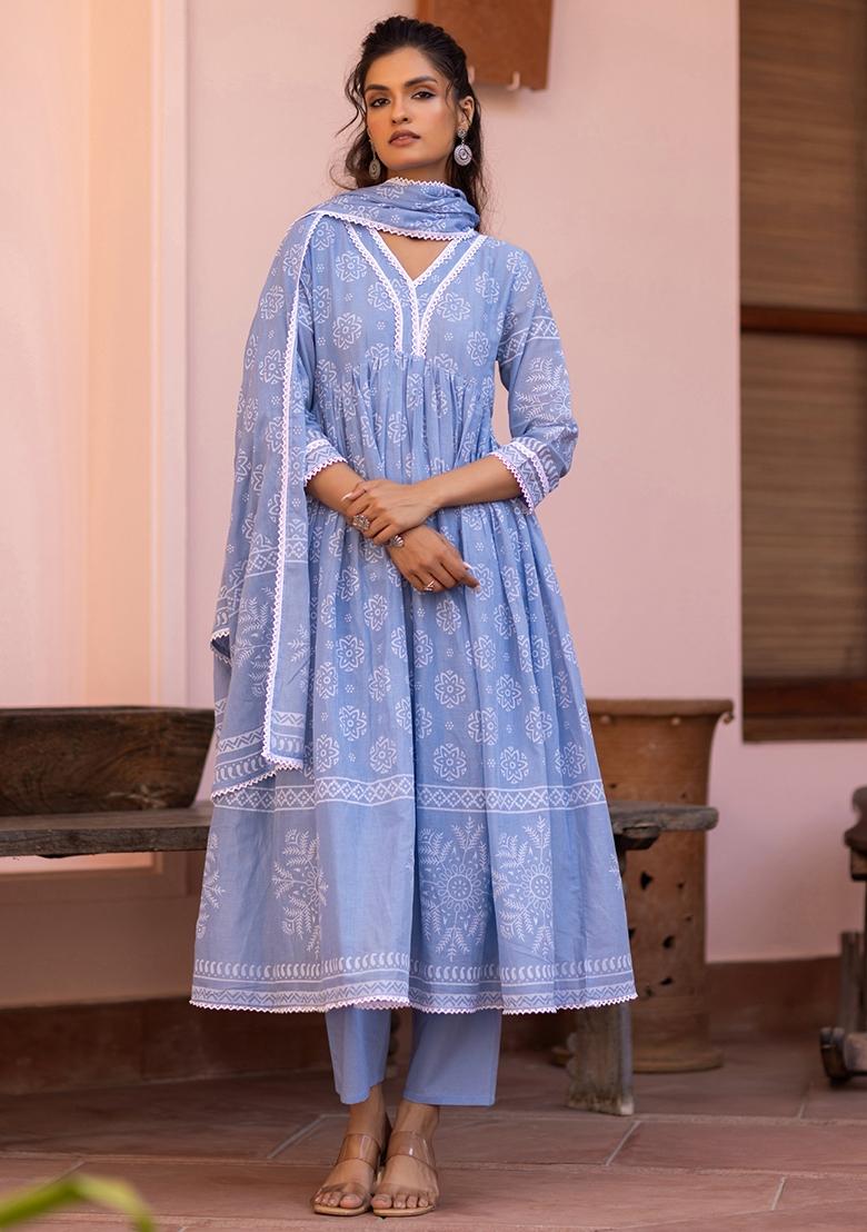 Blue Khari Printed Cotton Mulmul Anarkali Set With Dupatta - Indya