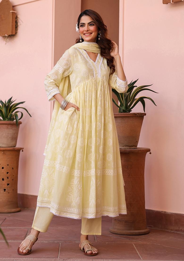 Lime Green Khari Printed Cotton Mulmul Anarkali Set With Dupatta - Indya