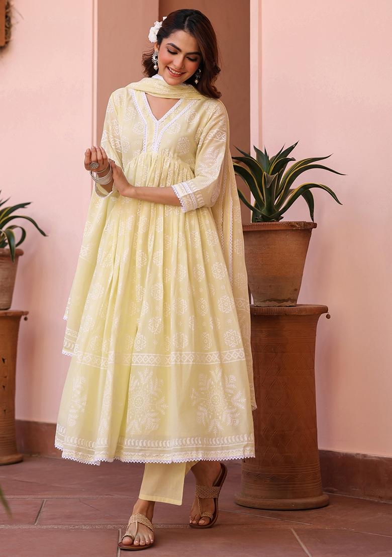 Lime Green Khari Printed Cotton Mulmul Anarkali Set With Dupatta - Indya