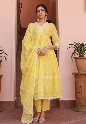 Yellow Khari Printed Cotton Mulmul Anarkali Set With Dupatta