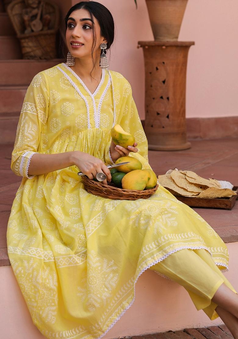 Yellow Khari Printed Cotton Mulmul Anarkali Set With Dupatta - Indya