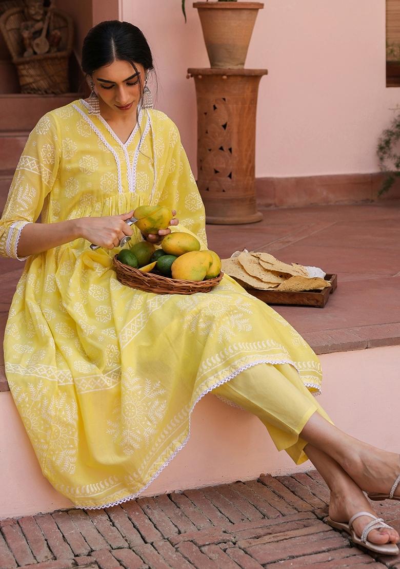 Yellow Khari Printed Cotton Mulmul Anarkali Set With Dupatta - Indya