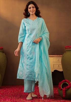 Aqua Chikankari Chanderi Silk Kurta Set With Dupatta