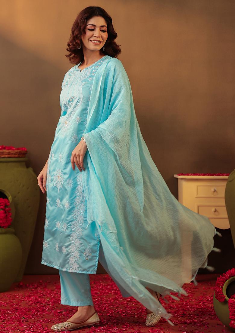 Aqua Chikankari Chanderi Silk Kurta Set With Dupatta - Indya