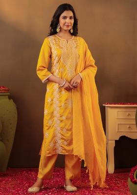 Mustard Chikankari Chanderi Silk Kurta Set With Dupatta