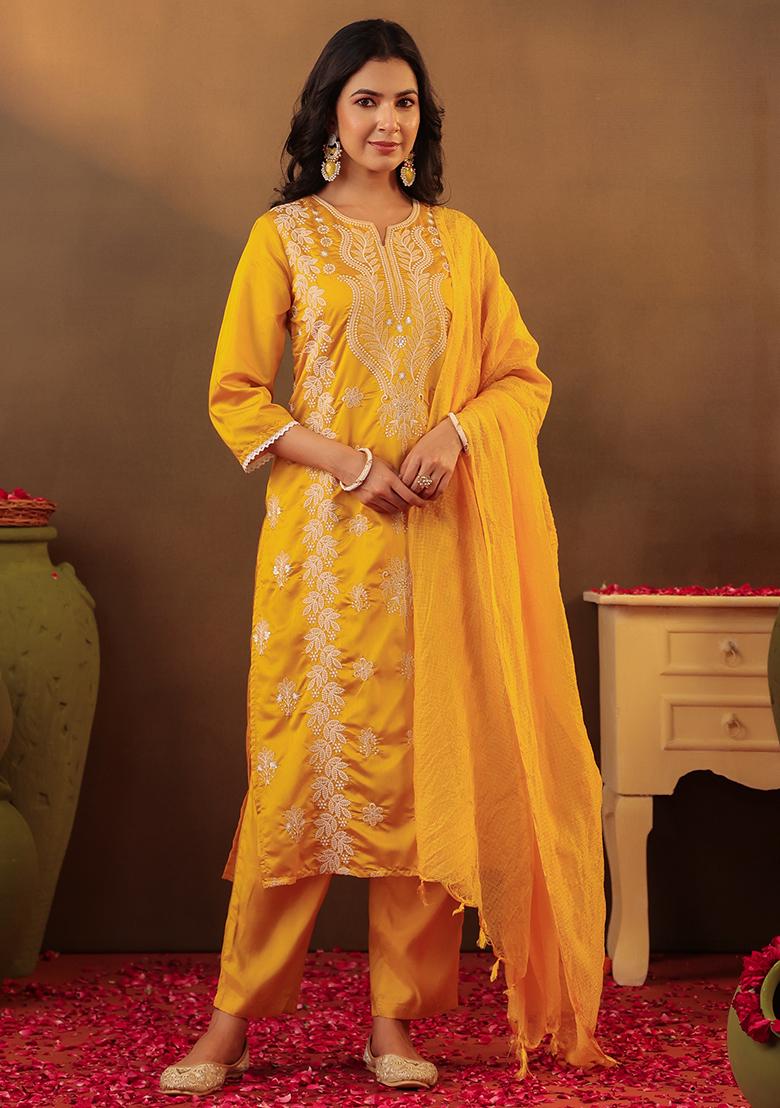 Mustard Chikankari Chanderi Silk Kurta Set With Dupatta - Indya