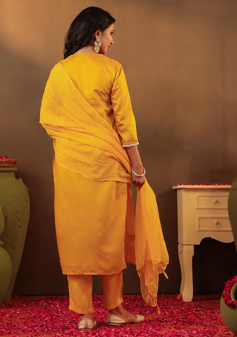 Mustard Chikankari Chanderi Silk Kurta Set With Dupatta - Indya