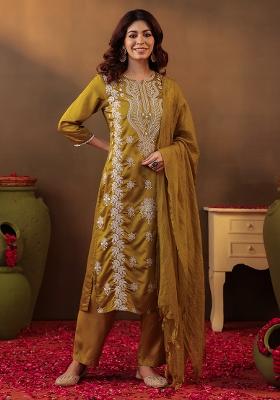 Olive Chikankari Chanderi Silk Kurta Set With Dupatta