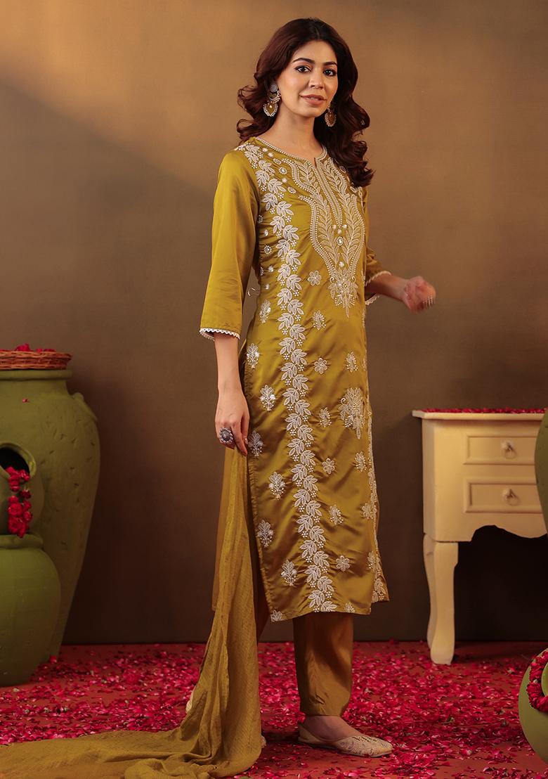 Olive Chikankari Chanderi Silk Kurta Set With Dupatta - Indya