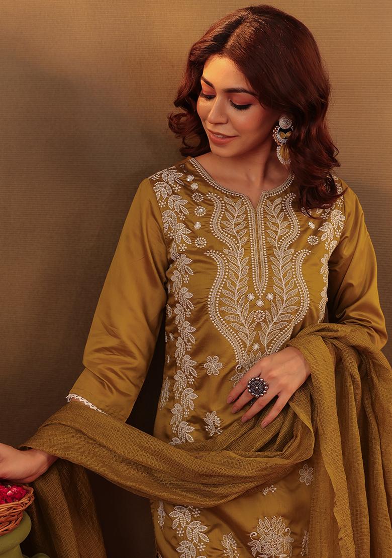 Olive Chikankari Chanderi Silk Kurta Set With Dupatta - Indya